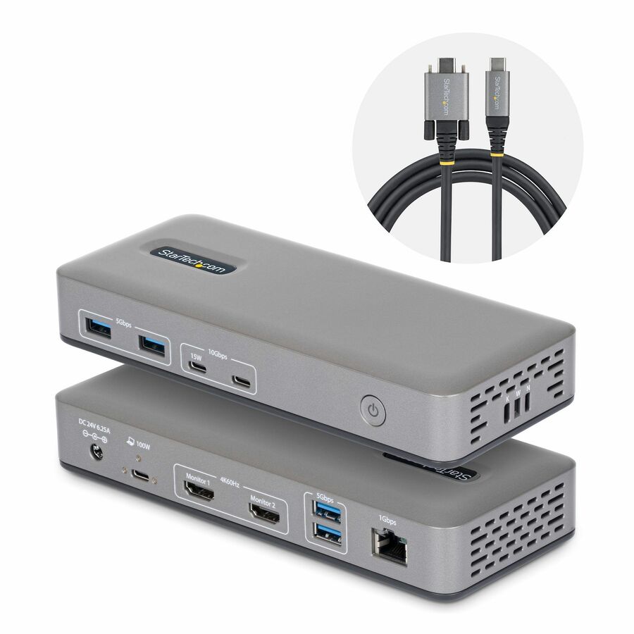 StarTech Dual-Monitor USB-C Docking Station, HDMI, 4K 60Hz, 100W Laptop Charging, 1GbE, Driverless, Multi-Monitor Dock