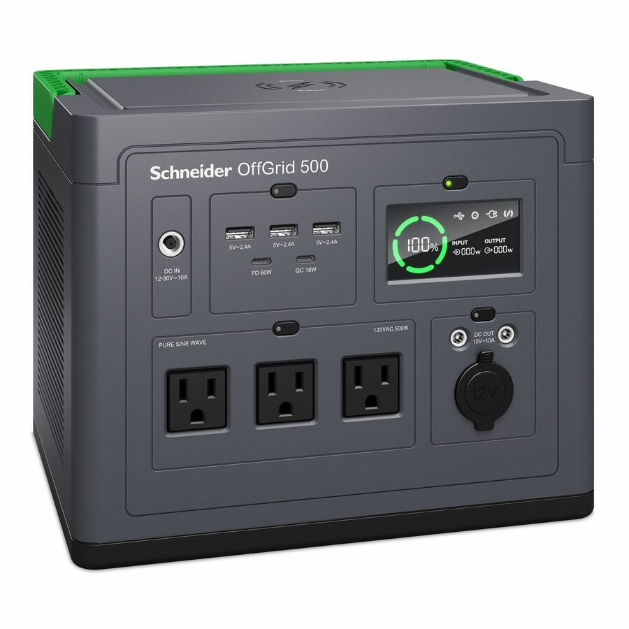 Schneider OffGrid Portable Power Station 500, 120V, 517Wh Lithium-ion, LCD, 3 NEMA, Sinewave, 3 USB-A, 2 USB-C, Wireless Charger