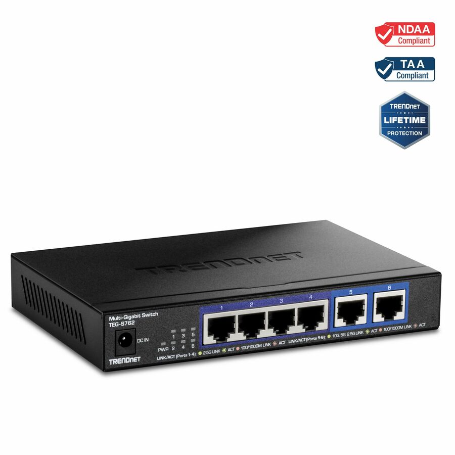 TRENDnet 6-Port 10G Switch, 4 x 2.5G RJ-45 Base-T Ports, TEG-S762, 2 x 10G RJ-45 Ports, 60Gbps Switching Capacity, Wall Mountable, Ethernet Splitter, NDAA & TAA Compliant, Lifetime Protection, Black