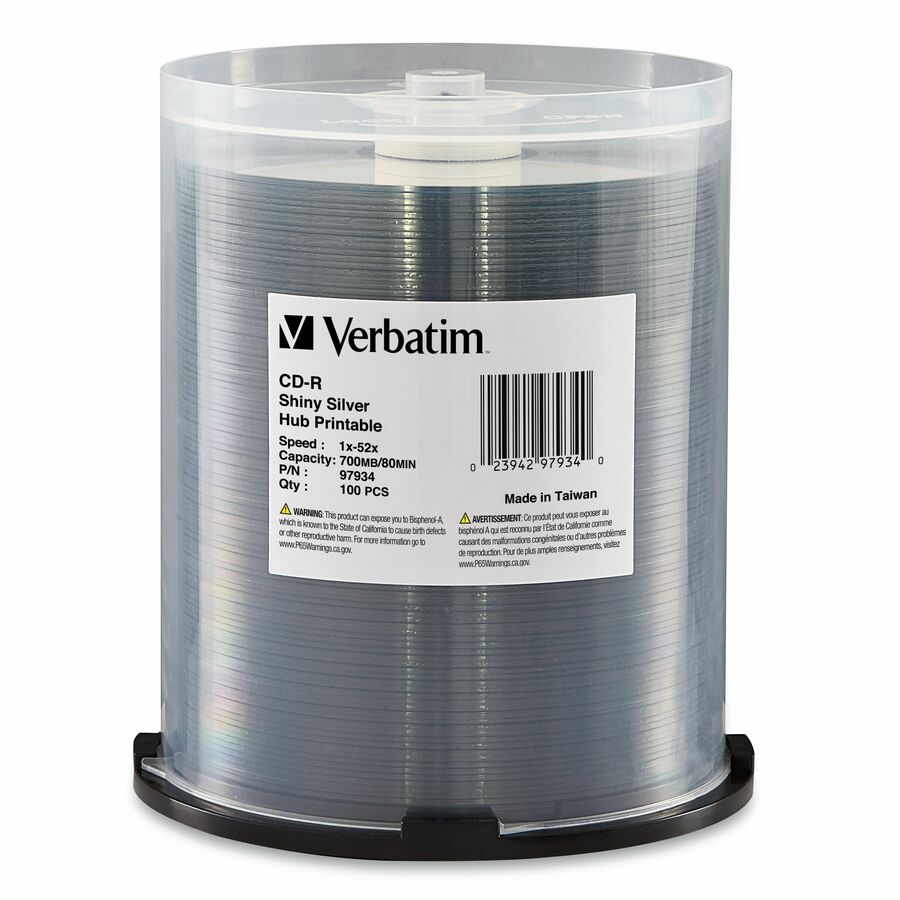 Verbatim CD-R 700MB 52X Shiny Silver Silk Screen Printable, Hub Printable - 100pk Spindle