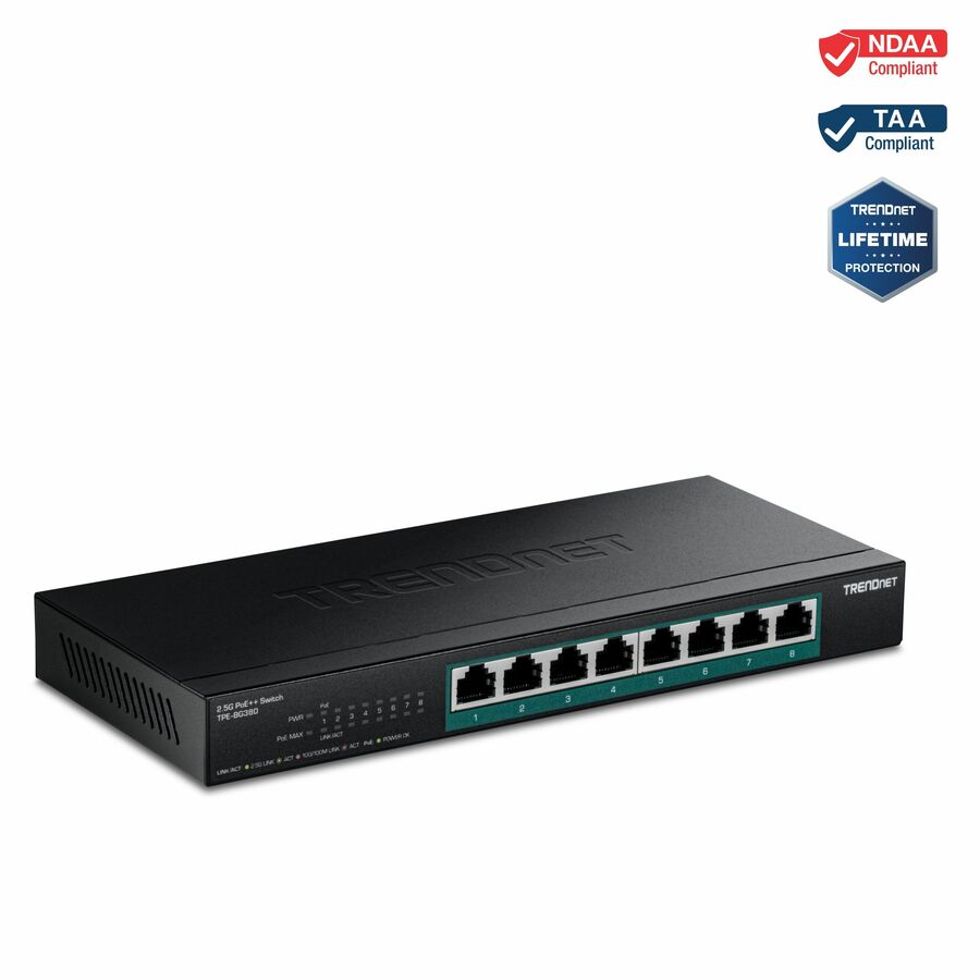 TRENDnet 8-Port 2.5G PoE++ Switch, TPE-BG380, 8 x 2.5GB PoE++ Ports, 230W Poe Power Budget, 40Gbps Switching Capacity, NDAA + TAA Compliant, Lifetime TRENDnet Protection