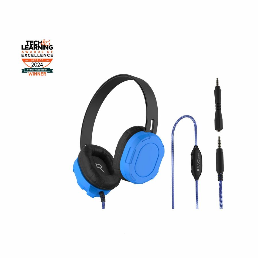 MAXCases Extreme Headset w/braided cable, inline volume control, built-in microphone, 3.5mm connector, breakaway adapter (Blue)