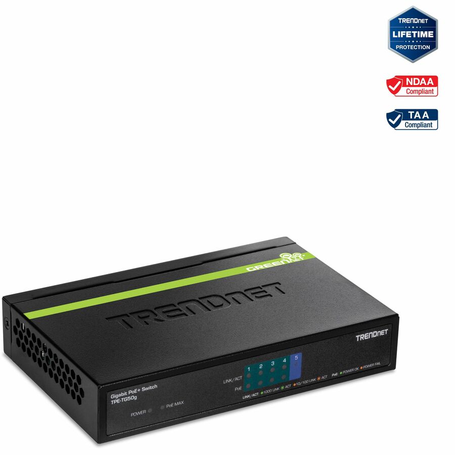 TRENDnet 5-Port Gigabit PoE+ Switch, 31 W PoE Budget, 10 Gbps Switching Capacity, Data & Power Through Ethernet To PoE Access Points And IP Cameras, Full & Half Duplex, Black, TPE-TG50g