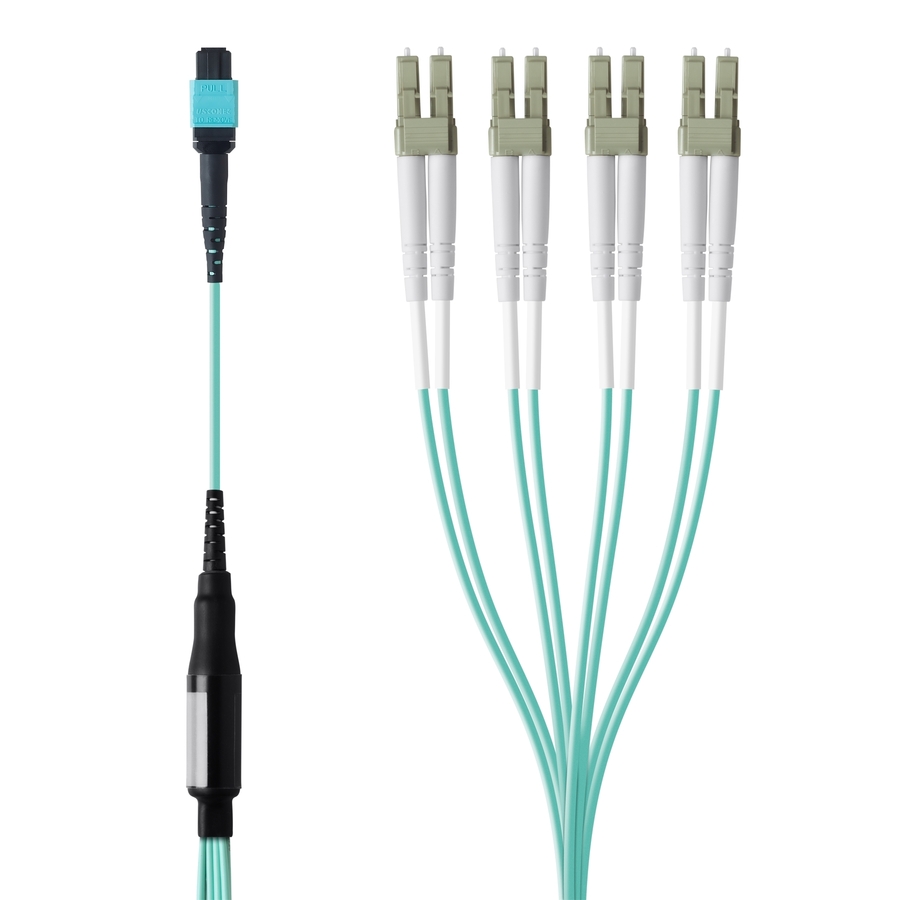 Belkin MTP to LC Fiber Optic Cable, 40GB Aqua Multimode MTP/8x LC, 50/125, OM3, Plenum