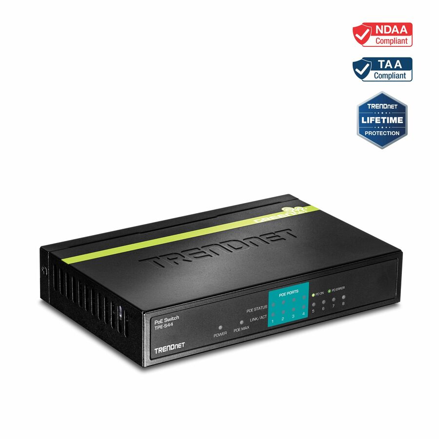 TRENDnet 8-Port 10/100Mbps PoE Switch, 4 x 10/100 Ports, 4 x 10/100 PoE Ports, 30W PoE Power Budget, 1.6 Gbps Switching Capacity, 802.3af, Limited Lifetime Protection, Black, TPE-S44