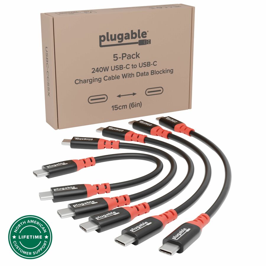 Plugable USB C to USB C Cable, Data Blocker Charge Only Cable 6in (Pack of 5): 240W Safe Charging