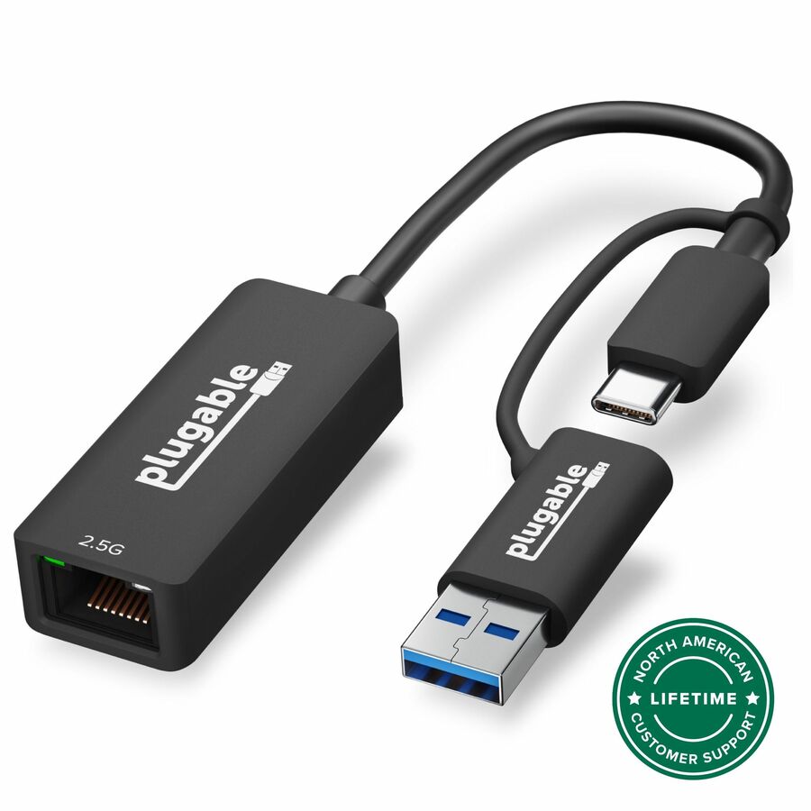 Plugable 2.5G USB-C and USB to Ethernet Adapter - Dual-Connector 2-in-1 USB-C to RJ45 2.5Gbps LAN