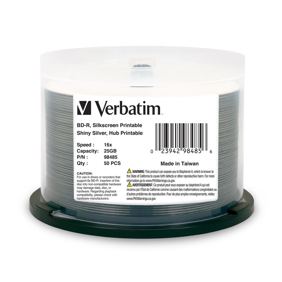 BD-R 25GB 16X Shiny Silver Silk Screen Printable, Hub Printable - 50pk Spindle