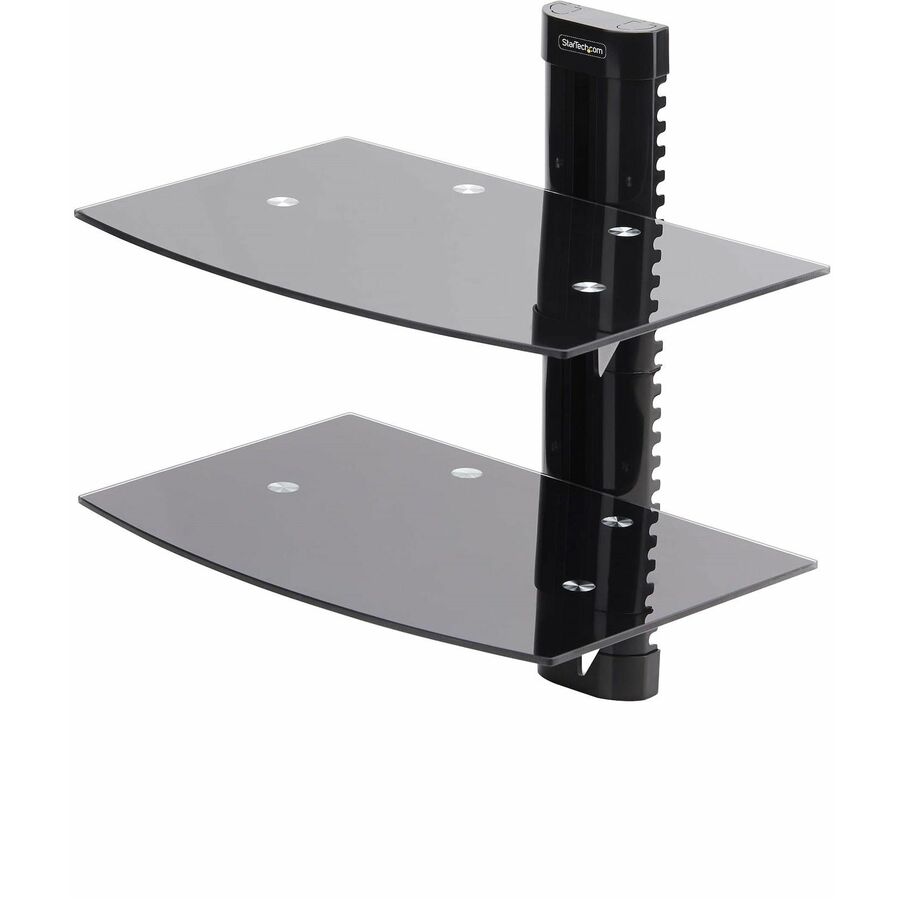 StarTech.com Dual Floating Wall-Mounted AV Shelves, Adjustable Height Shelf For Under TV A/V Equipment, Black Tempered Glass Shelves