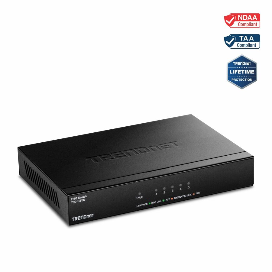 TRENDnet 5-Port 2.5Gb Multi-Gigabit Unmanaged Gaming Switch, TEG-S350, 5 x 2.5GBASE-T Ports, 25Gbps Switching Capacity, Ethernet Splitter, NDAA & TAA Compliant, Fanless, Lifetime Protection, Black