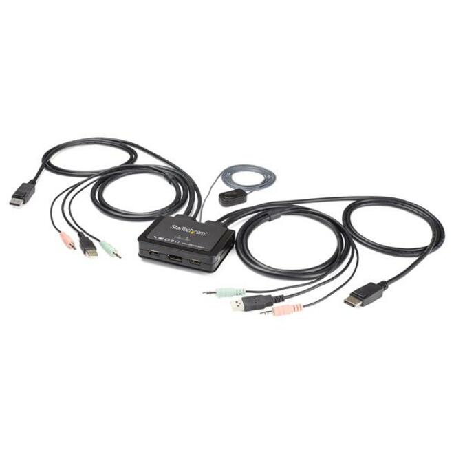 StarTech 2 Port DisplayPort KVM Switch - 4K 60Hz - UHD DP 1.2 USB KVM Switch w/ 4ft Cables & Audio - Bus Powered & Remote Switching