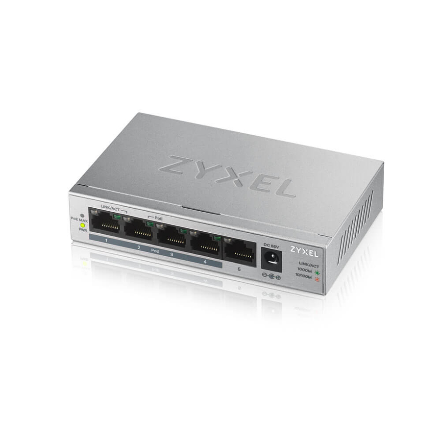 Zyxel 5 Port Gigabit Ethernet Unmanaged POE+ Switch | 4 x PoE+ @ 60W | Plug & Play | Sturdy Metal Housing | Desktop or Wall-Mount | Fanless | Lifetime Warranty | Ethernet Splitter | GS1005HP