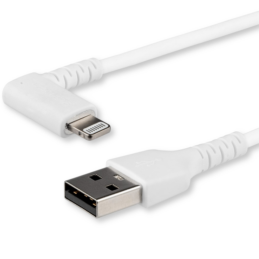 StarTech 2m USB A to Lightning Cable iPhone iPad Durable Right Angled 90 Degree White Charger Cord w/Aramid Fiber Apple MFI Certified