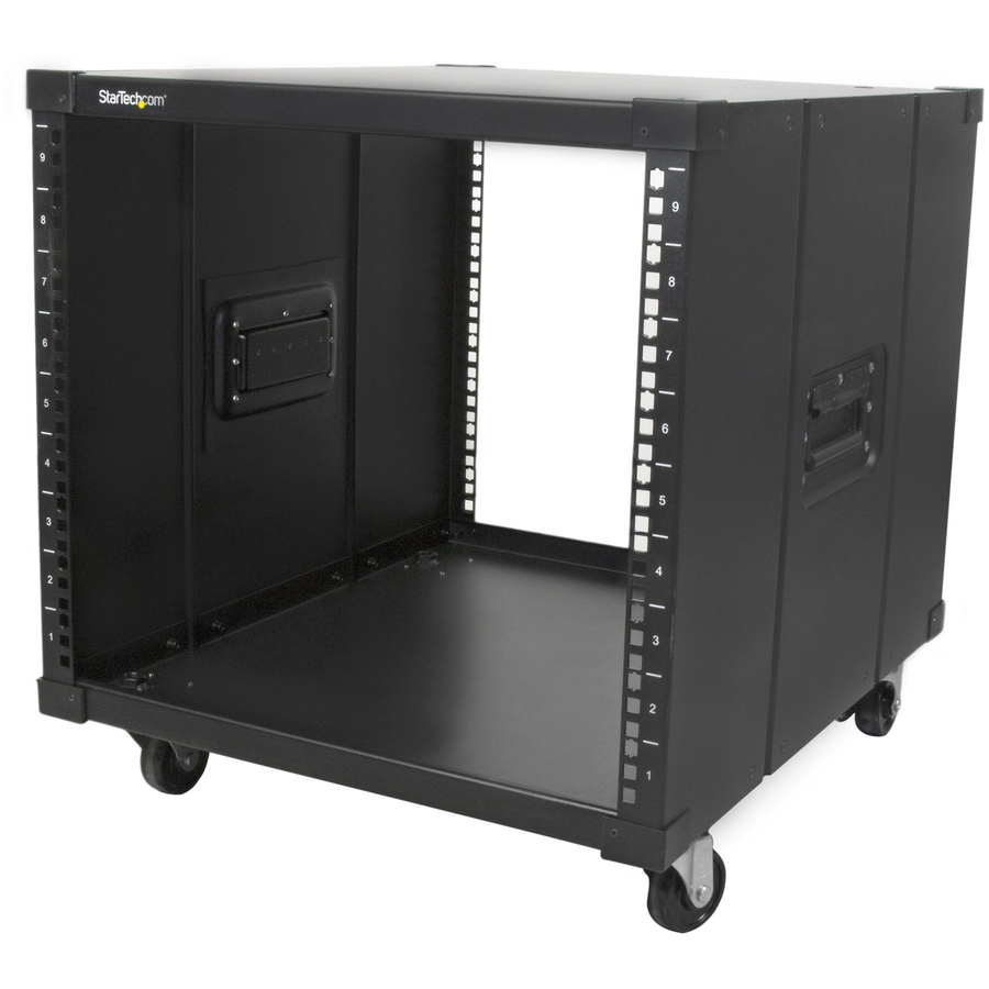 StarTech 4-Post 9U Mobile Open Frame Server Rack, 19" Network Rolling Rack for Narrow Spaces, Small Data Rack with Casters, TAA