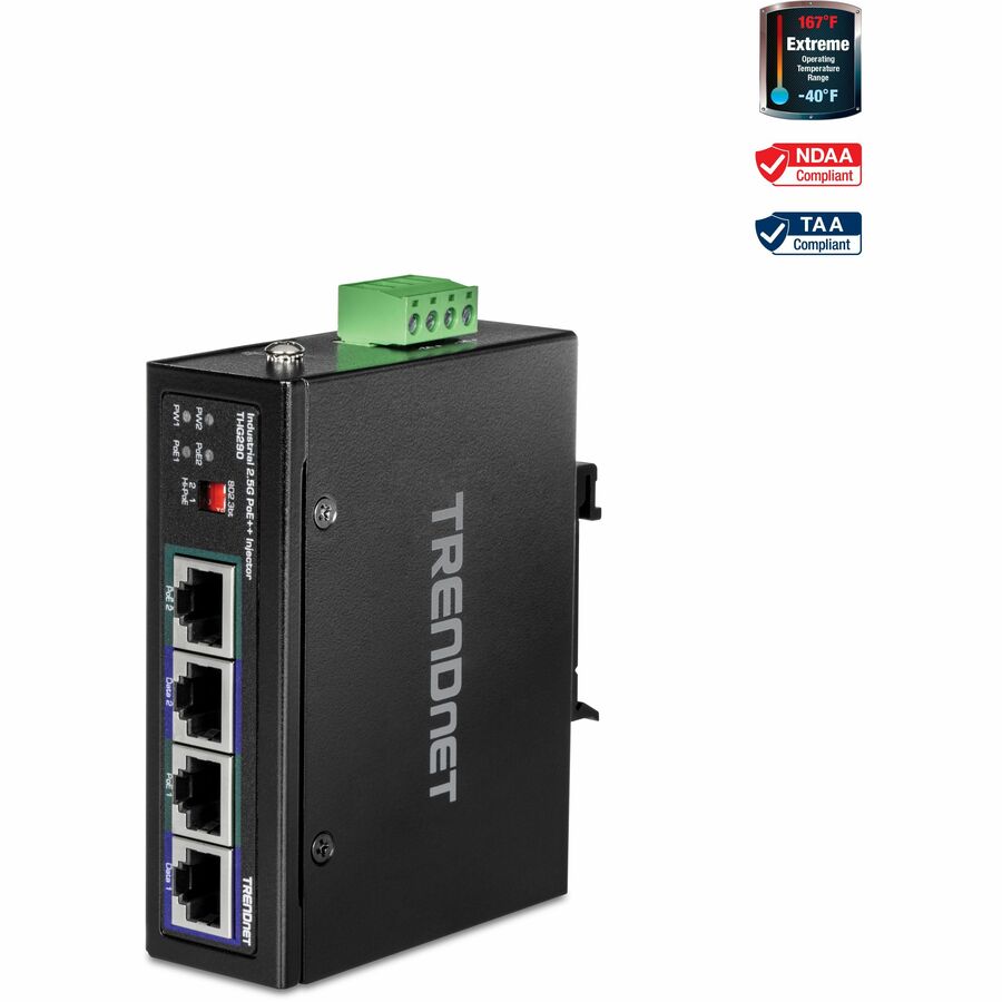 TRENDnet 95W 2-Port Industrial 2.5G PoE++ Injector, Supports PoE IEEE 802.3af, PoE+ IEEE 802.3at, And PoE++ IEEE 802.3bt, Not Compatible With Passive PoE Devices, Black, TI-IG290 - 56 V DC Input - 2 x 2.5 Gigabit Ethernet Input Port(s) - 2 x 2.5 Gigabit PoE++ Output Port(s) - 180 W