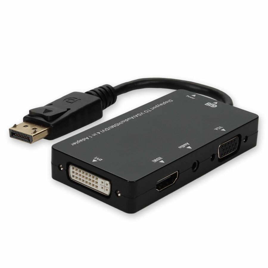 AddOn DisplayPort 1.2 Male to DVI, HDMI, VGA Female Black Adapter Which Comes with Audio For Resolution Up to 1920x1200 (WUXGA) - 8.04" DVI/DisplayPort/HDMI/VGA A/V Cable for Audio/Video Device - First End: 1 x DisplayPort 1.2 Digital Audio/Video - Male - Second End: 1 x DVI Digital Video - Female, 1 x HDMI Digital Audio/Video - Female, 1 x 15-pin HD-15 - Female - Supports up to 1920 x 1200 - Black - 1