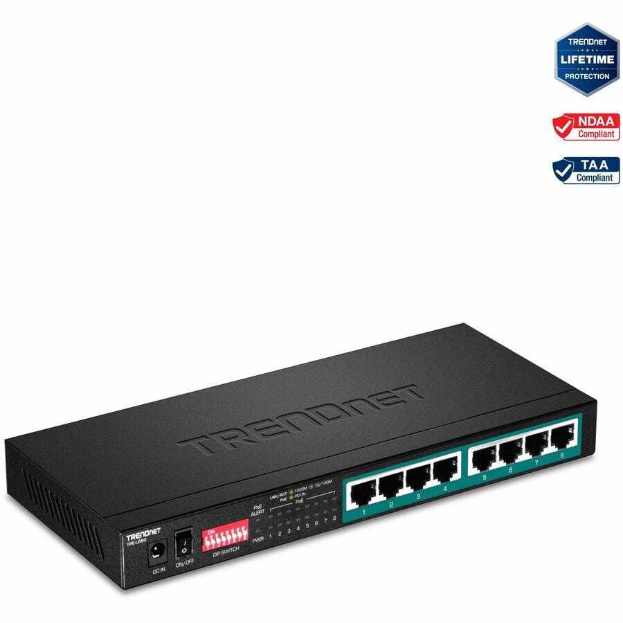 TRENDnet 8-Port Gigabit Long Range Poe+ Switch; TPE-LG80;65W Poe Budget; Ethernet/Network Switch; Long-Range Poe+ Extends Range Up to 200M (656 ft.); 16 Gbps Switching Capacity; Lifetime Protection - 8-Port Gigabit Long Range PoE+ Switch