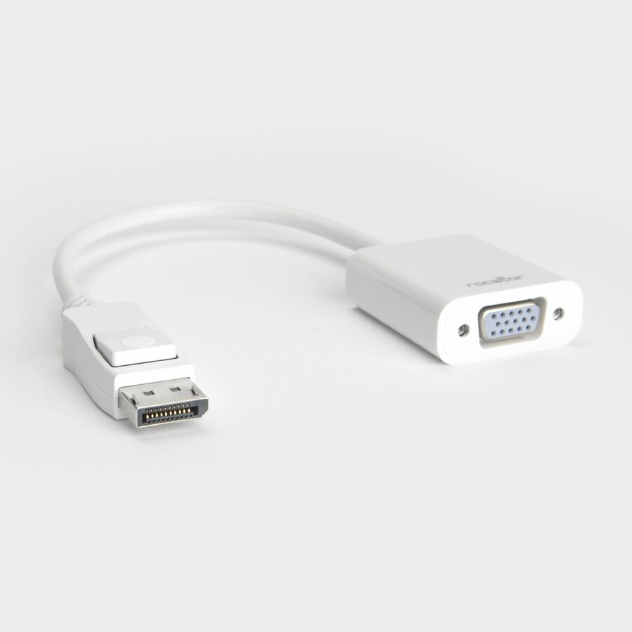 Rocstor DisplayPort to VGA Video Adapter Converter - Cable Length: 5.9" - 5.90" DisplayPort/VGA Video Cable for Desktop Computer, Notebook, Projector, Monitor, HDTV, Video Device - First End: 1 x DisplayPort 1.1a Digital Audio/Video - Male - Second End: 1 x 15-pin HD-15 - Female - Supports up to 1920 x 1200 - White - 1