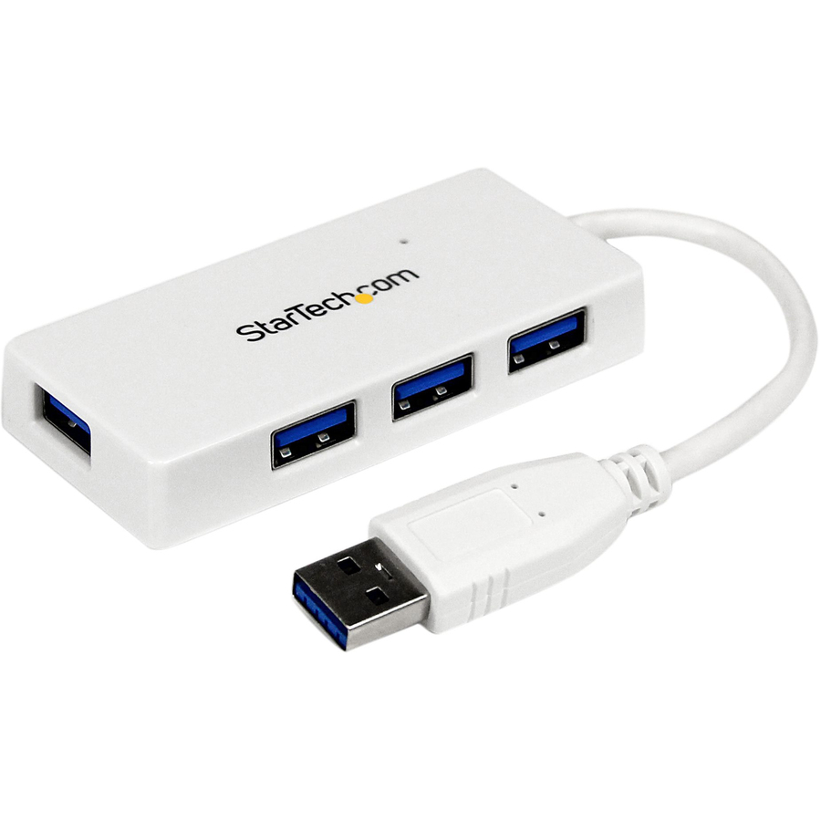 StarTech.com Portable 4 Port SuperSpeed Mini USB 3.0 Hub - 5Gbps - White - Add four external USB 3.0 ports to your notebook or Ultrabook™ with a slim, portable hub - White Four Port Mini USB Hub - 4Port External SuperSpeed USB 3 Hub with built-in cable - 4 Port USB 3.0 Hub