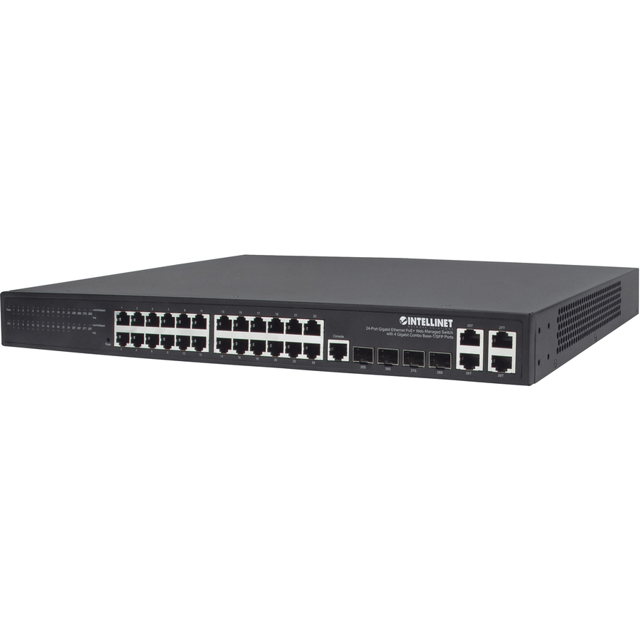 Intellinet Ethernet Switch - 24 Ports - Manageable - Gigabit Ethernet - 1000Base-T, 1000Base-X - 2 Layer Supported - Modular - 4 SFP Slots - 431.70 W Power Consumption - 370 W PoE Budget - Optical Fiber, Twisted Pair - PoE Ports - Rack-mountable, Desktop - 3 Year Limited Warranty