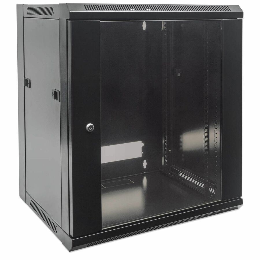 19" Network Cabinet - Wall Mount (Standard), 12U, 450mm Deep, Black, Flatpack, Max 60kg, Suitable also for use on desk or floor, Usable Depth 270mm to 350mm, Metal & Glass Door, Back Panel, Removeable Sides,Parts for wall installation not included