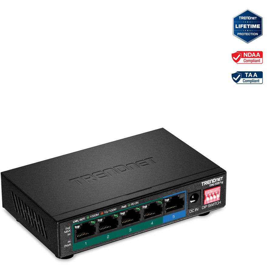 TRENDnet 5-Port Gigabit PoE+ Switch, Camera DIP Switch extends PoE+ 200m (656 ft.), 60W PoE Budget, Black, TPE-TG51g