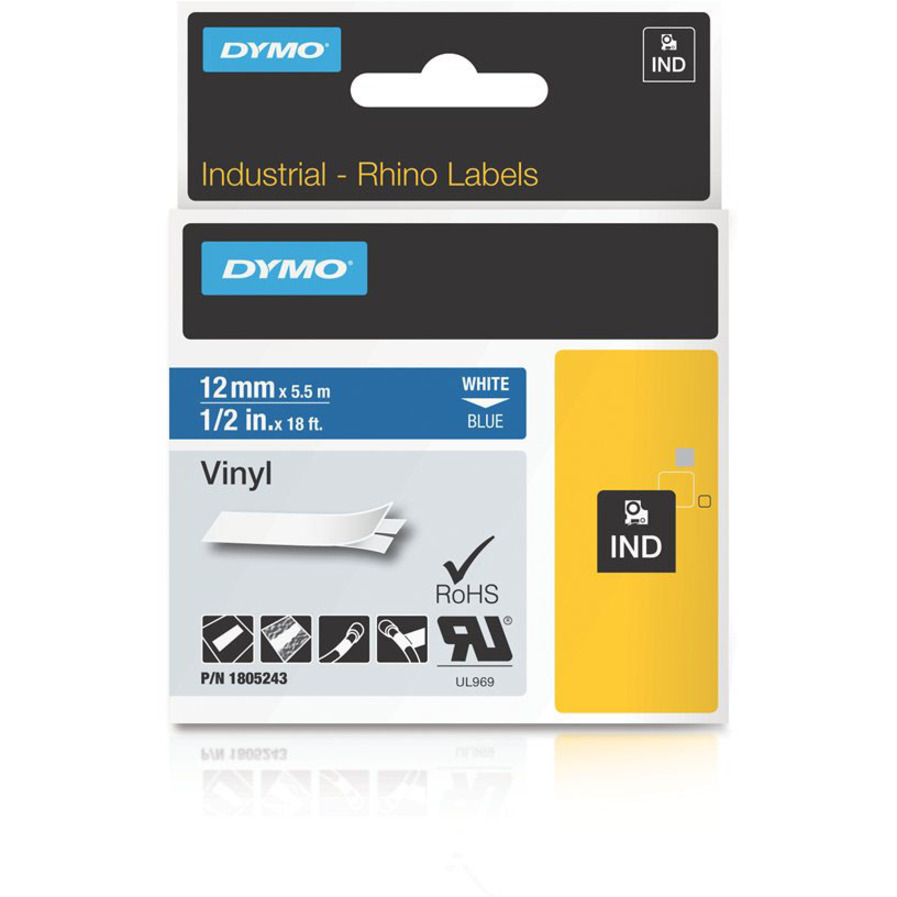 Dymo White on Blue Color Coded Label - 15/32" Width - Permanent Adhesive - Thermal Transfer - Blue - Vinyl - Water Resistant - Self-adhesive, Chemical Resistant, Oil Resistant, Heat Resistant