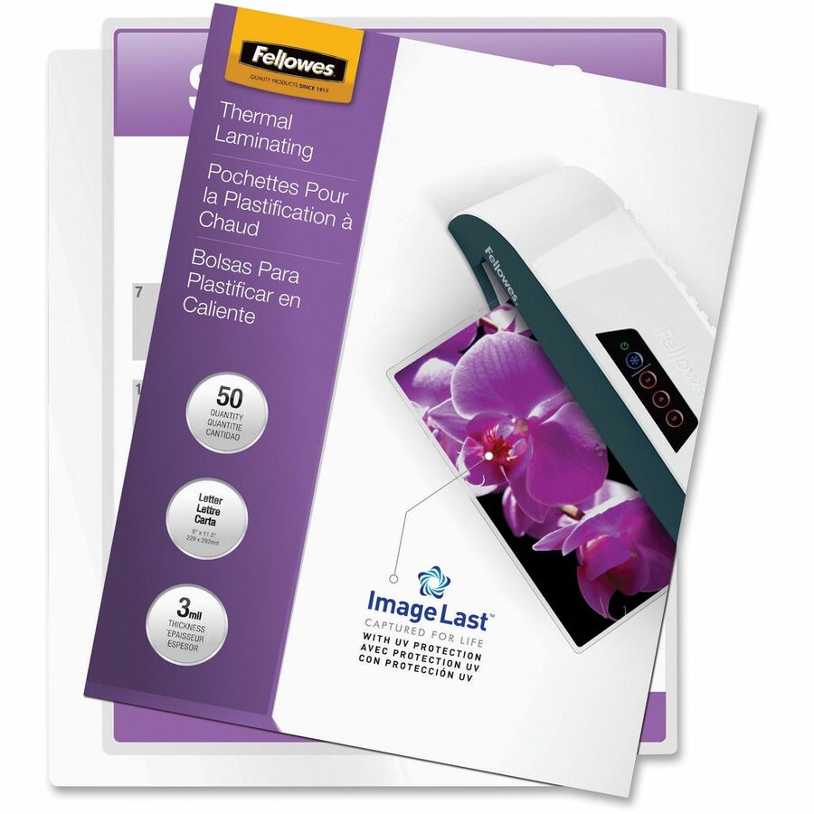 Fellowes ImageLast Thermal Laminating Pouches - Sheet Size Supported: Letter 9" Width x 11.50" Length - Laminating Pouch/Sheet Size: 9" Width x 11.50" Length x 3 mil Thickness - Type G - Glossy - for Document - Durable, UV Resistant, Fade Resistant, Water Resistant, Jam-free, Photo-safe, Dry Erase Friendly - Clear - 50 / Pack