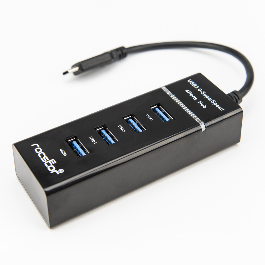 Rocstor Premium Slim Portable 4 Port Hub - USB-C to 4x USB-A Slim Hub - USB 3.0 Hub - Bus Powered - Black - USB C to USB Type-A Hub - USB Type C - External - USB-C 3.1 to 4 USB Type-A 3.0 Port(s) USB-A