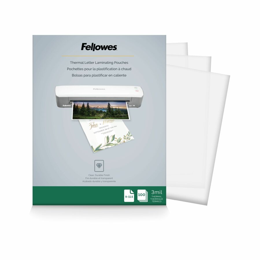 Fellowes Letter-Size Thermal Laminating Pouches - Sheet Size Supported: Letter 8.50" Width x 11" Length - Laminating Pouch/Sheet Size: 9" Width x 11.50" Length x 3 mil Thickness - Glossy - for Document - Durable, Photo-safe, Erasable, Water Proof - Clear - 100 / Pack
