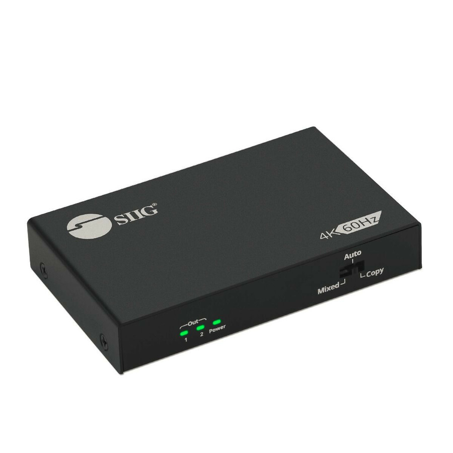 SIIG 2 Port HDMI 2.0 4K @60Hz HDR Splitter with EDID & Downscaler - Metal Housing for Stable & Reliable Performance - 18Gbps video bandwidth - 1x2 HDMI output - Up to 4K60Hz 4:4:4 8-bit or 4K60Hz 4:2:0 10 bit HDR - Compact Mini size - Auto/Mixed/Copy EDID selection - Downscaling from 4K 60Hz to 1080p 60Hz - HDCP 2.2/1.4 - 7.1 Ch audio - LED indicators - Micro USB for FW update and power in - included power supply and USB to Micro USB cable - 2 years warranty