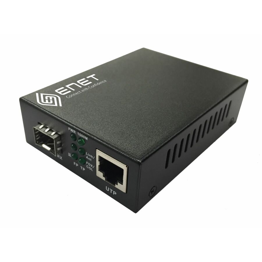 ENET 1x 10/100/1000M Copper RJ45 to 1x 1000Base-X SFP Gigabit Ethernet Fiber Media Converter Stand-Alone - Power Supply Included, Chassis/Rack Mountable with one SFP slot (without SFP). The ENMC-FGET-SFP is capable of accepting a wide range of SFP modul
