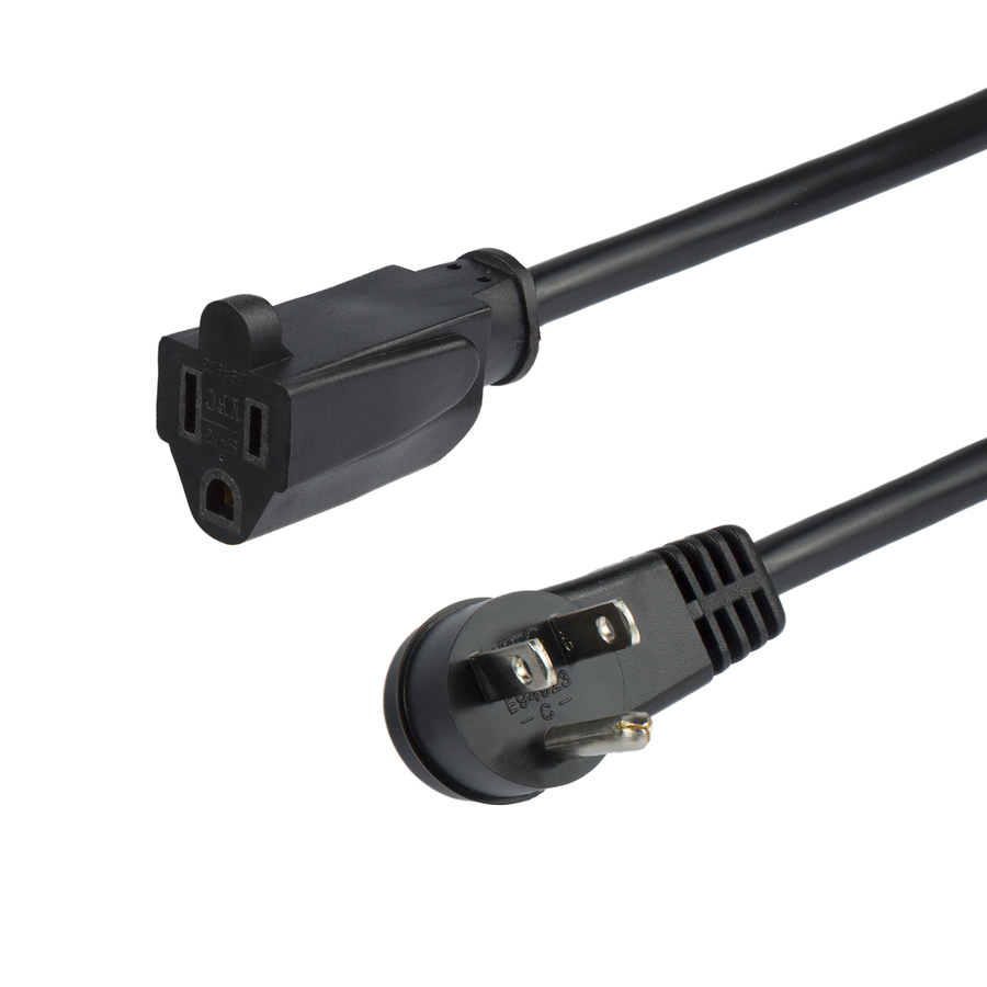 StarTech 3ft (1m) Power Extension Cord, Right Angle NEMA 5-15P to NEMA 5-15R, 13A 125V, 16AWG, Black, Flat Outlet Extension Cable