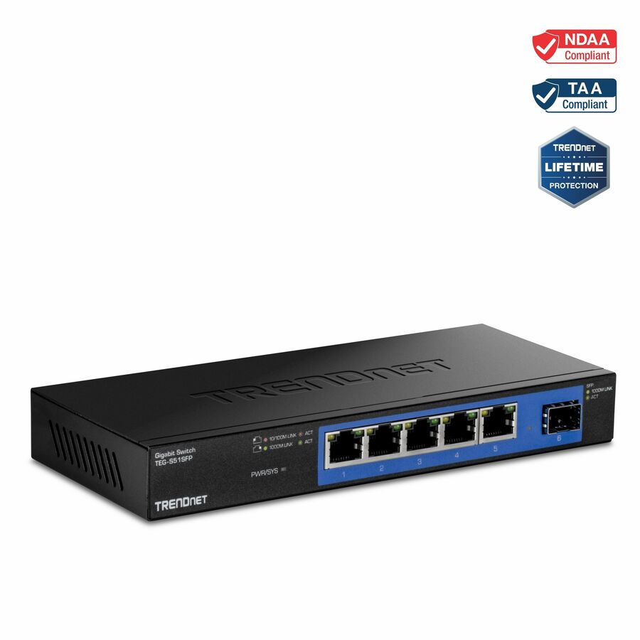 TRENDnet TEG-S51SFP, 5-Port Gigabit Compact Metal Desktop Switch with Gigabit SFP Slot, Fanless Design, Wall Mountable