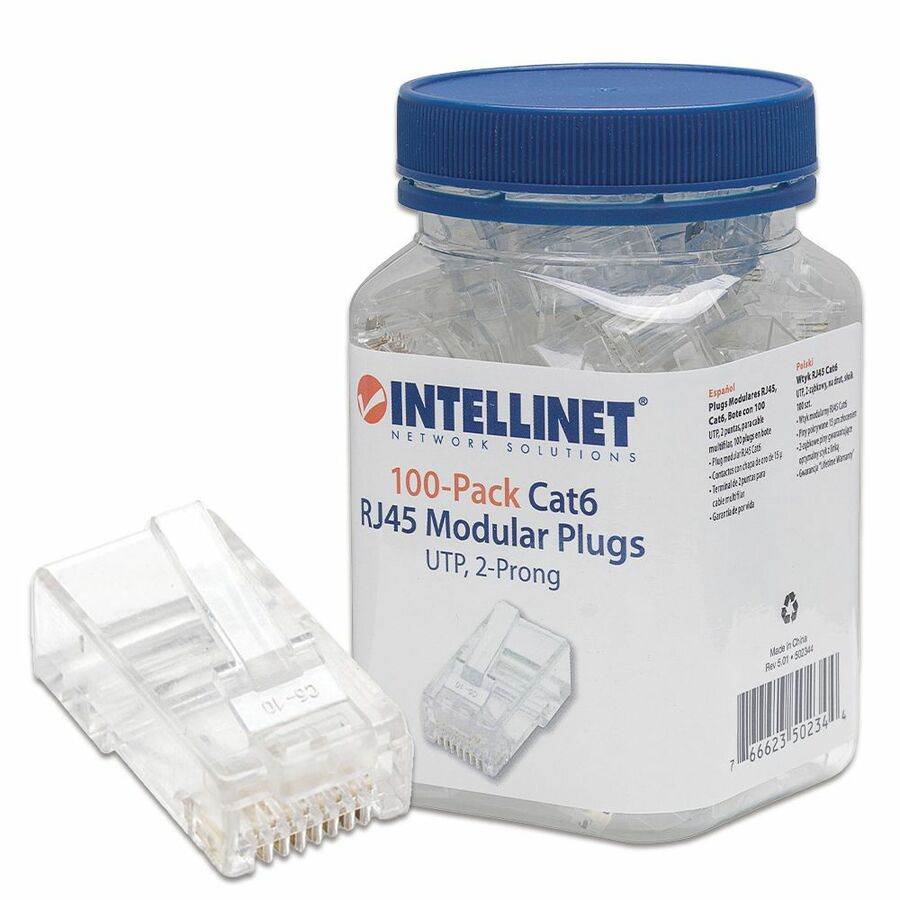 Intellinet Network Solutions Cat6 RJ45 Modular Plugs, 2-Prong, UTP, For Stranded Wire, 100 Plugs in Jar