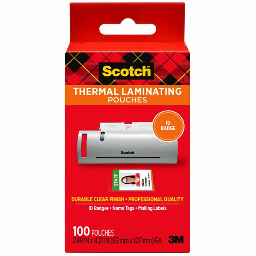 Scotch Thermal Laminating Pouches - Laminating Pouch/Sheet Size: 2.40" Width x 4.20" Length x 5 mil Thickness - Glossy - for ID Badge, Document, Photo, Lists, Card - Double Sided, Photo-safe - Clear - 100 / Pack