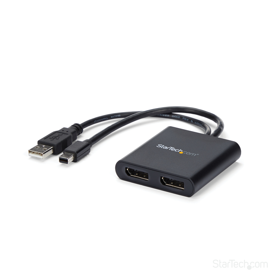 StarTech.com 2-Port Multi Monitor Adapter, Mini DisplayPort to DP MST Hub, Dual 4K 30Hz, Video Splitter for Extended Desktop Mode, Windows - 2-port Mini DisplayPort to DisplayPort multi-monitor adapter drives dual DP displays at up to 4K 30Hz to extend your desktop - DP 1.2/HBR2/MST (multi stream transport) - Built-in cables - Bus-powered mDP MST Hub/video splitter - No Drivers - Windows
