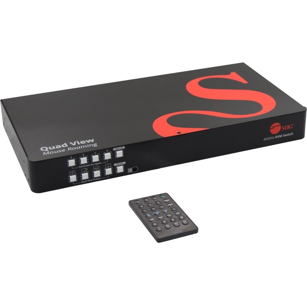 SIIG 4K60Hz Quad-View HDMI Mouse Roaming KVM Processor - Allows you to control 4 HDMI computers using one keyboard and mouse, 2 HDMI 4K@60, 2 USB-A 3.2 Gen 1 ports, 2 USB 1.1 ports, Microphone input, Stereo audio output, RS-232, RCA L/R stereo audio, DIP switch, Switch button, Hotkeys, IR remote control, Mouse roaming, Full screen, Quad view, and TAA compliant