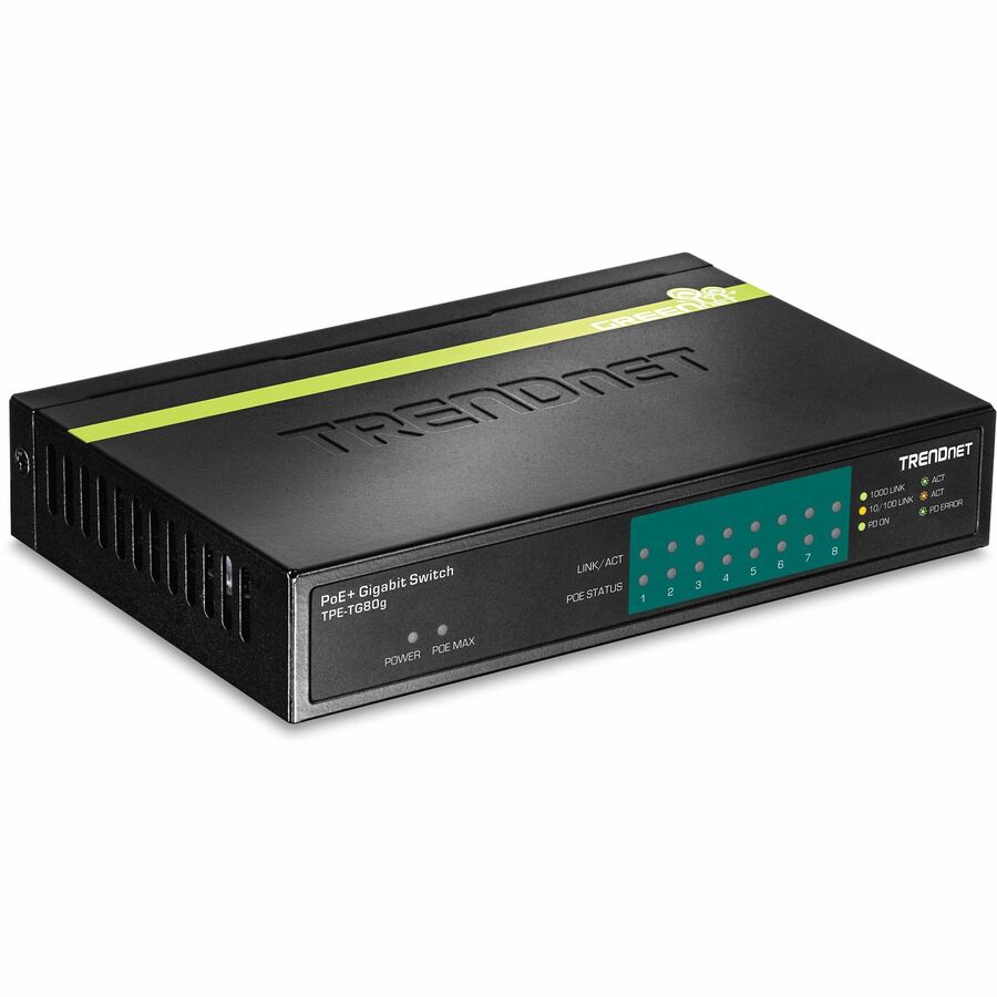 TRENDnet 8-Port Gigabit PoE+ Switch, TPE-TG80G, 8 x Gigabit PoE+ Ports, 123W PoE Power Budget, 16 Gbps, Ethernet Splitter, NDAA & TAA Compliant, Metal, Lifetime Protection, Black