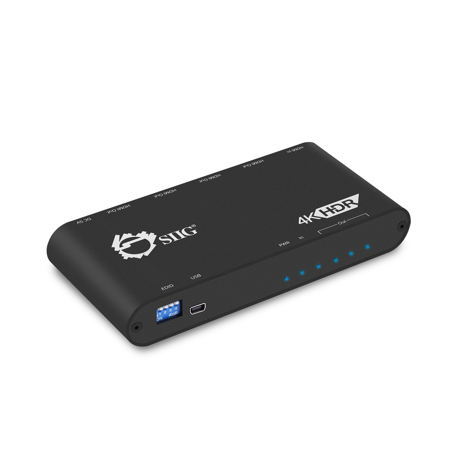SIIG 1x4 HDMI 2.0 Splitter / Distribution Amplifier with Auto Video Scaling - 4K 60Hz HDR - 4K 60Hz HDR - 4 port HDMI distribution amplifier - 18Gbps video bandwidth - HDCP 2.2- 4K60Hz HDR - Auto video scaling - 7.1CH Audio - ESD protection- Firmware update via Mini USB - Downscaling from 4K 60Hz to 1080p 60Hz capability - Embedded EDID and EDID learning - EDID management DIP switch - 3 years warranty - TAA compliant