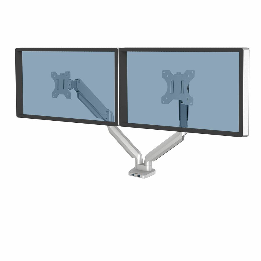 Fellowes Platinum Series High Quality Dual Monitor Arm for 40-Inch Monitors, Full Motion, 360° Rotation, VESA Mount with Grommet or Clamp, USB Ports, Ergonomic, Silver