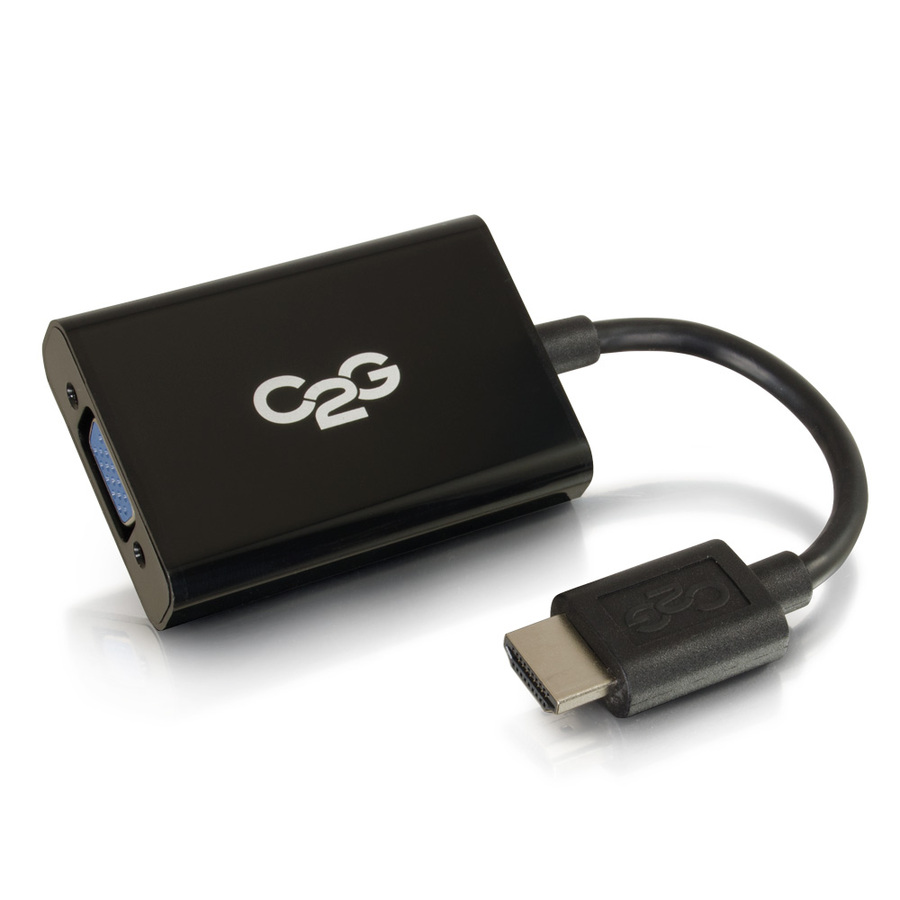 C2G HDMI to VGA Adapter Converter Dongle with Stereo Audio M/F - Black - HDMI/VGA/Mini-phone for Audio/Video Device, Monitor, Notebook - 8" - 1 x HDMI Male Digital Audio/Video - 1 x HD-15 Female VGA, 1 x Mini-phone Female Stereo Audio - Shielding - Black