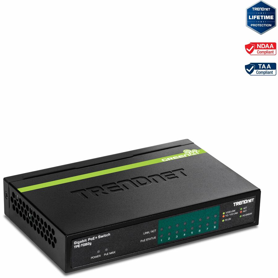 TRENDnet 8-Port GREENnet Gigabit PoE+ Switch, Supports PoE And PoE+ Devices, 61W PoE Budget, 16Gbps Switching Capacity, Data & Power Via Ethernet To PoE Access Points & IP Cameras, Black, TPE-TG82G