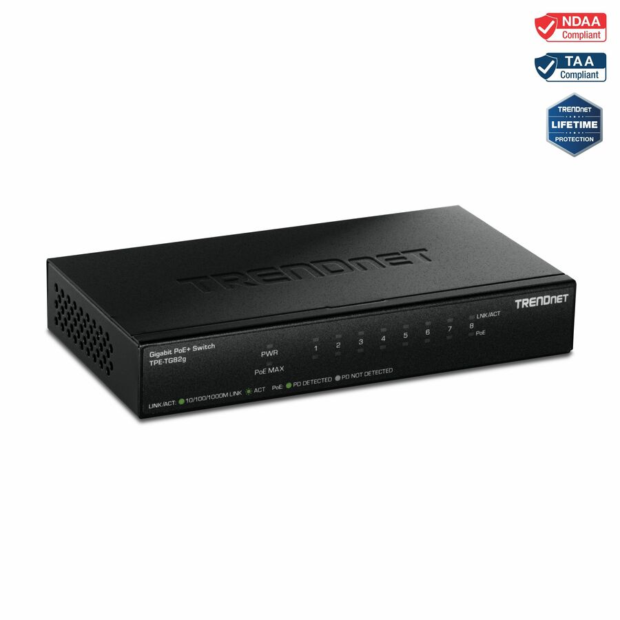 TRENDnet 8-Port Gigabit PoE+ Switch, TPE-TG82G, 65W Budget, 16Gbps Switching Capacity, Ethernet Splitter, NDAA & TAA Compliant, Black