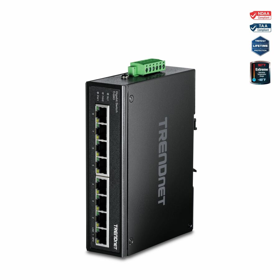TRENDnet 8-Port Hardened Industrial Gigabit DIN-Rail Switch, TI-G80, 16 Gbps Switching Capacity, IP30 Rated, Ethernet Splitter, NDAA & TAA Compliant, Lifetime Protection, Black - 8-Port Hardened Industrial Gigabit DIN-Rail Switch