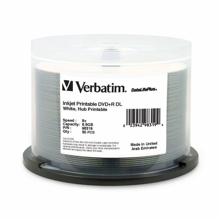 Verbatim DataLifePlus DVD Recordable Media - DVD+R DL - 8x - 8.50 GB - 50 / Pack - White