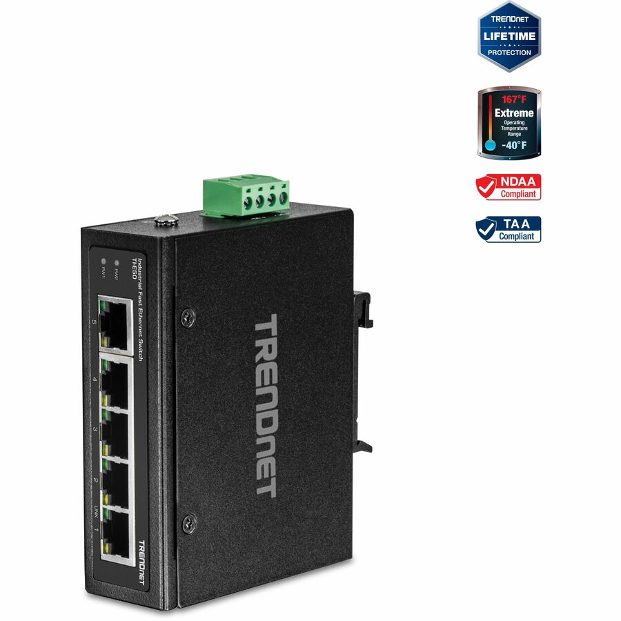 TRENDnet 5-Port Industrial Fast Ethernet DIN-Rail Switch, TI-E50, 5 x Fast Ethernet Ports, IP50 Rated, Extreme Temperature Operating Range, 1Gbps Switching Capacity, Lifetime Protection - 5-Port Industrial Fast Ethernet DIN-Rail Switch