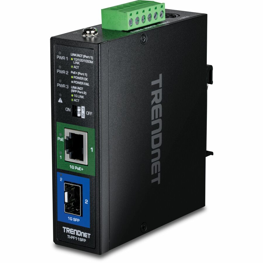 TRENDnet Industrial SFP to Gigabit PoE+ Media Converter, TI-PF11SFP, 1 x Gigabit SFP Port, 1 x Gigabit PoE+ RJ45 Port, 6kV RJ45 Surge Protection, Up to 30W per Port, NDAA + TAA Compliant