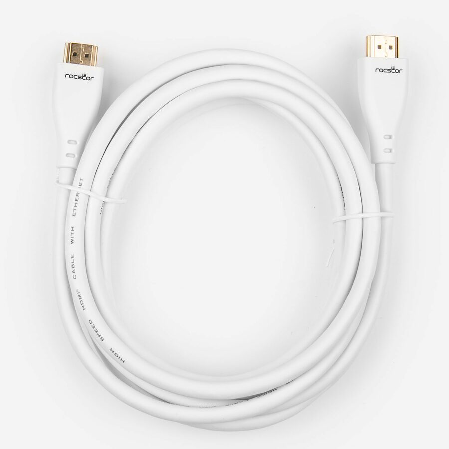 Rocstor Premium HDMI Cable with Ethernet - 4K/60Hz - 10 ft HDMI A/V Cable for HDTV, Cable Box, Satellite Receiver, Blu-ray Player, Computer, Projector, Gaming Console, Flat Panel Display, Monitor, Home Theater System, Audio/Video Device - First End: 1 x 19-pin HDMI 2.0 Digital Audio/Video - Male - Second End: 1 x 19-pin HDMI 2.0 Digital Audio/Video - Male - 18 Gbit/s - Supports up to 3840 x 2160 - Shielding - Gold Plated Connector - 28 AWG - White