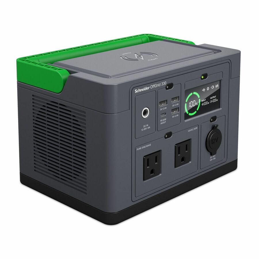 Schneider OffGrid Portable Power Station 330, 120V, 332Wh Lithium-ion, LCD, 2 NEMA, Sinewave, 3 USB-A, 1 USB-C, Wireless Charger